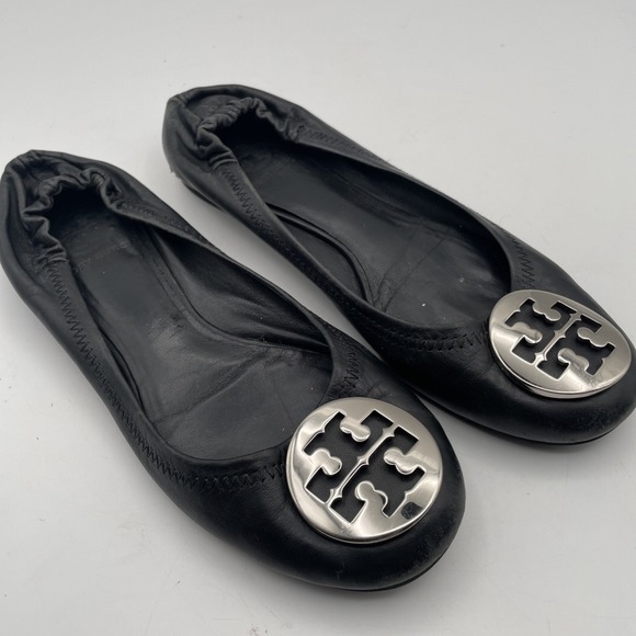 TORY BURCH Women's Black Leather Ballet Shoes Loafers Silver Logo Size 7 - Picture 1 of 9